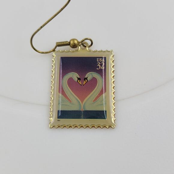 Swan Love 32 Cent Stamp Dangle Earrings Heart Gold Tone Postage Mail USA - Picture 8 of 12